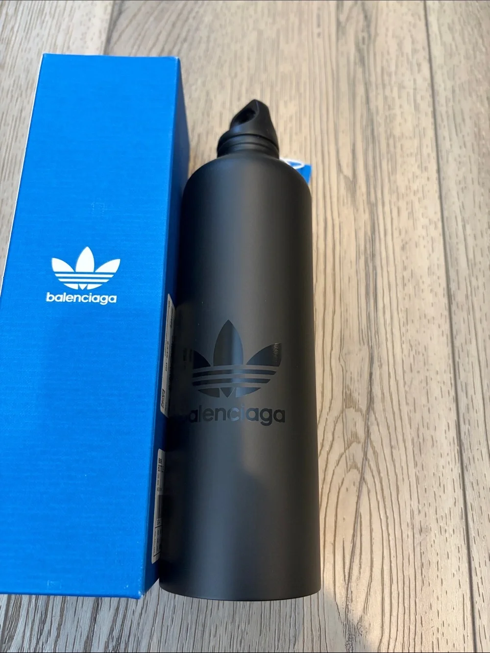 Balenciaga Black Matte Logo Water Bottle with Blue Box